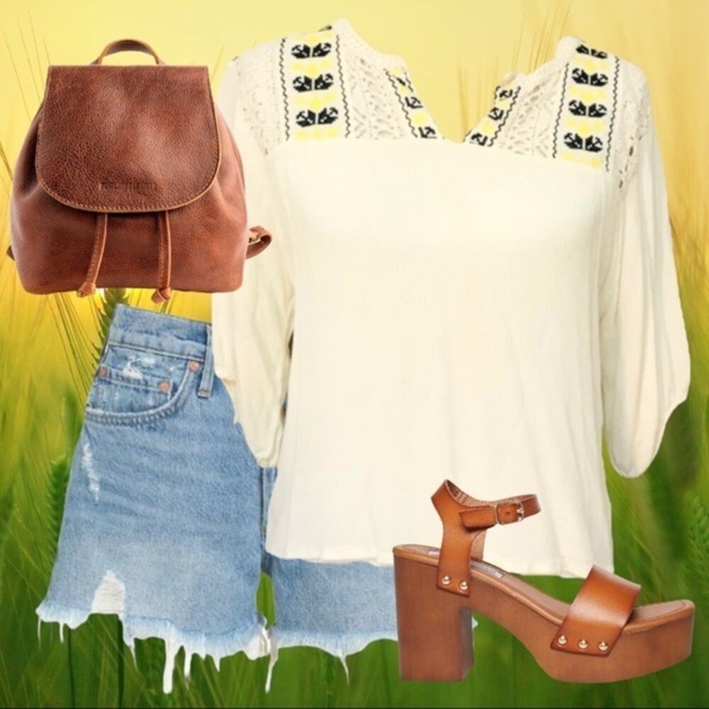 ELODIE Embroidered Crochet Boho Peasant Top GUC
